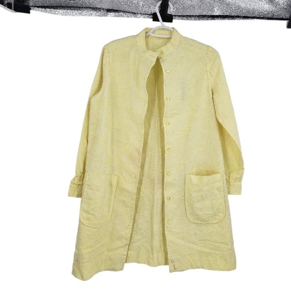 Vintage 70's Mel Mortman House Coat Jacket Yellow Textured Floral Button Front 8